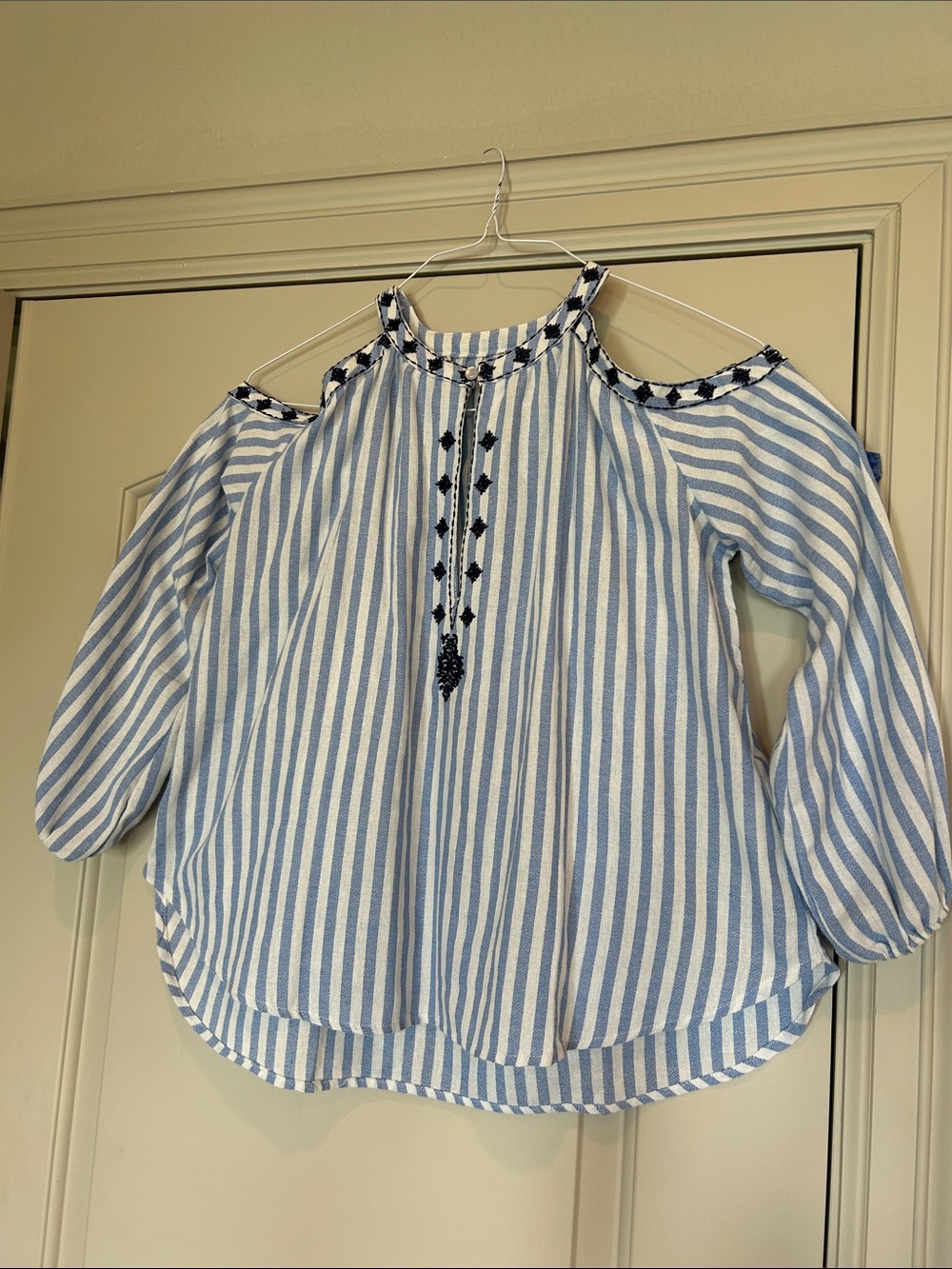 Blue/White Stripe Open Shoulder Navy Trim Blouse